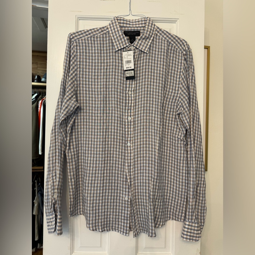 BNWT Bloomingdale’s men’s linen checkered shirt, medium, blue khaki